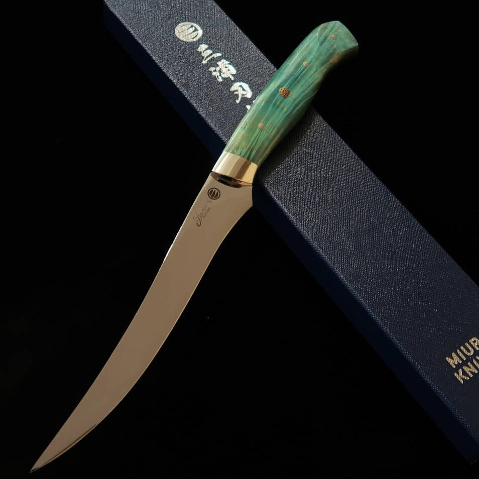 Asurah Knives × 三浦 MIURA SUS420J2  鏡面仕上げ カスタムハンドル グリーン フィレナイフ (160mm)