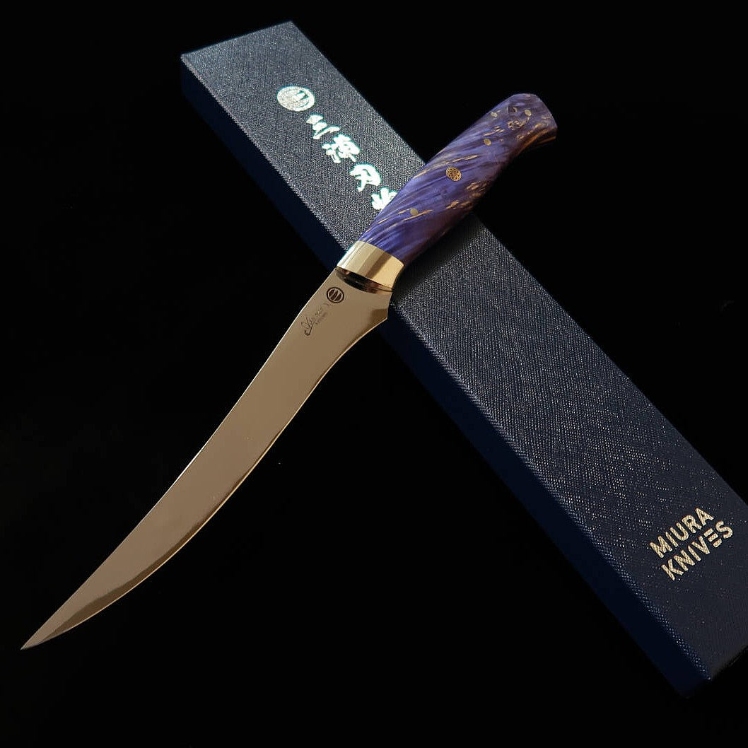 Asurah Knives × 三浦 MIURA SUS420J2  鏡面仕上げ カスタムハンドル ブルー フィレナイフ (160mm)