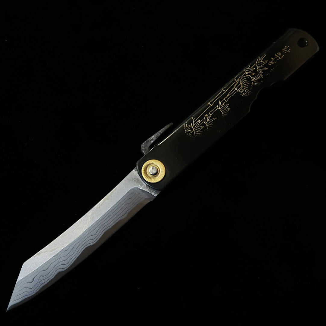 Cuchillo plegable HIGONOKAMI acero multicapa, mango negro auténtico, tamaño grande, presentado en una caja de madera de paulonia