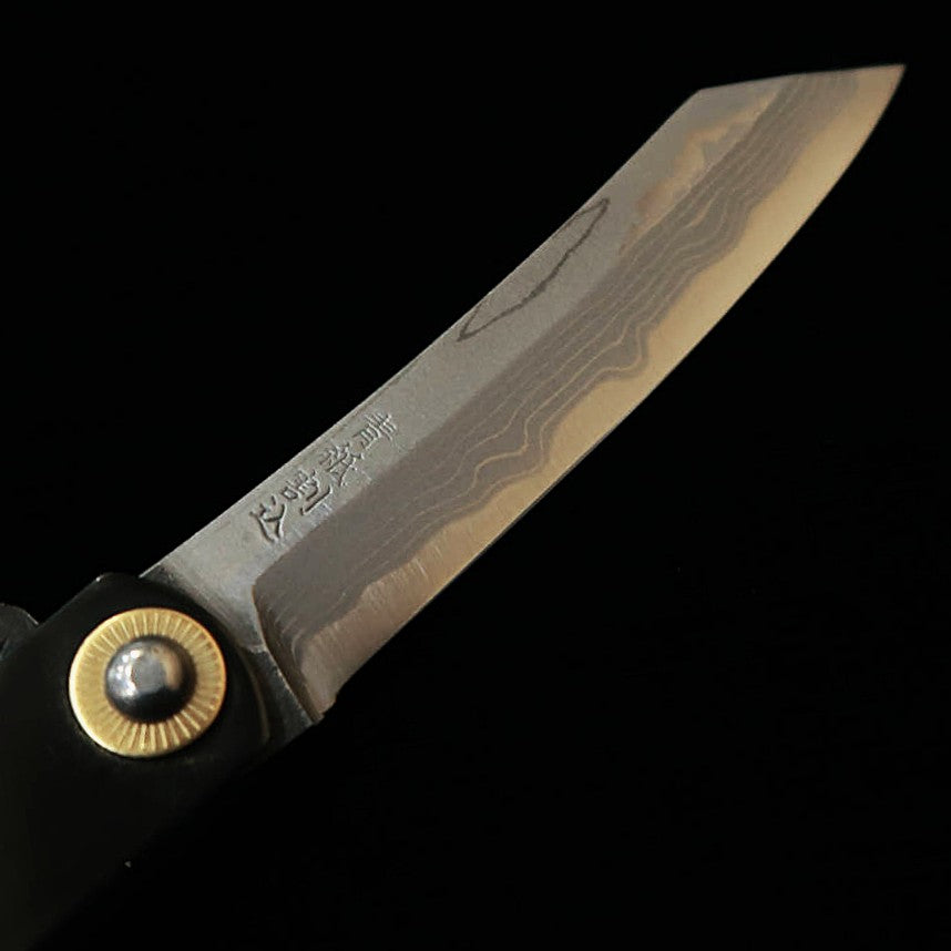 Cuchillo plegable HIGONOKAMI acero multicapa, mango negro auténtico, tamaño grande, presentado en una caja de madera de paulonia