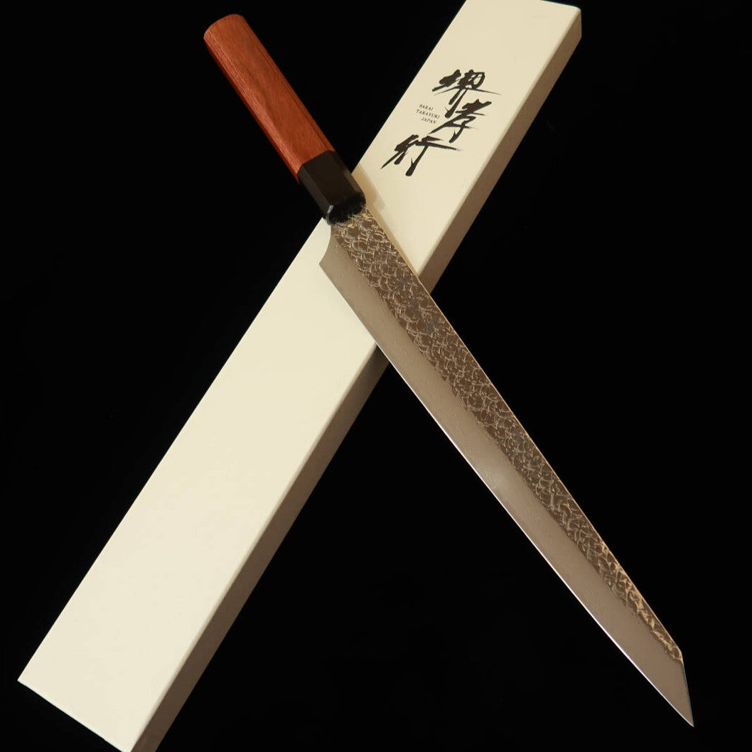 堺孝行 SAKAI TAKAYUKI 剣型柳刃 SG2 鎚目 ダマスカス 紫檀八角柄（270mm）