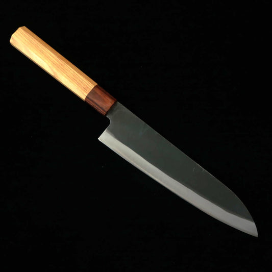 Gyuto MIURA Aogami no.1, warikomi de acero inoxidable, acabado kurouchi, mango octogonal de madera de zelkova (210mm)