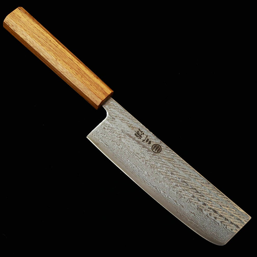 三浦MIURA 菜切 銀紙三号 縄目 ダマスカス 透明 樫八角柄（165mm）