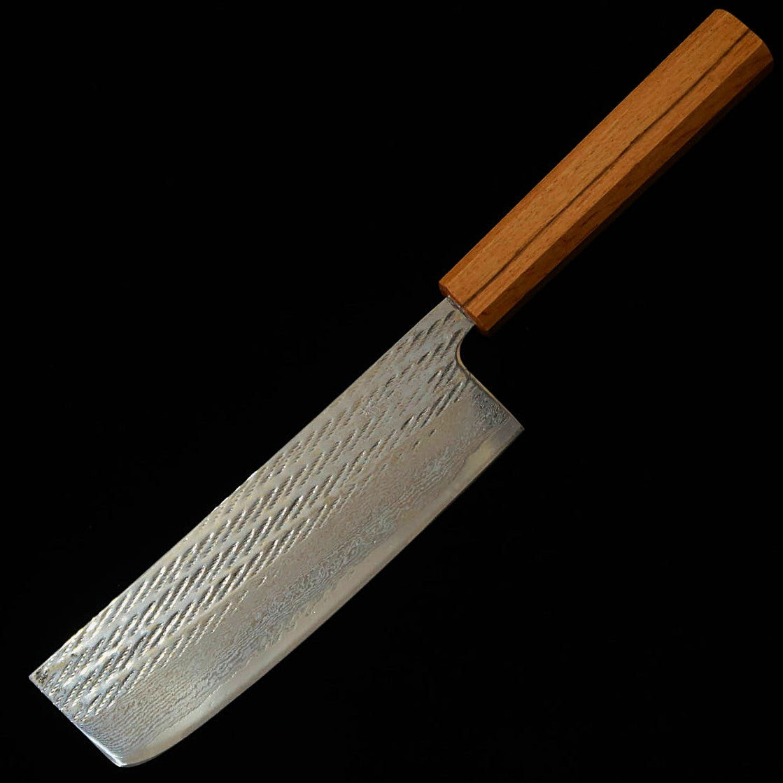 三浦MIURA 菜切 銀紙三号 縄目 ダマスカス 透明 樫八角柄（165mm）