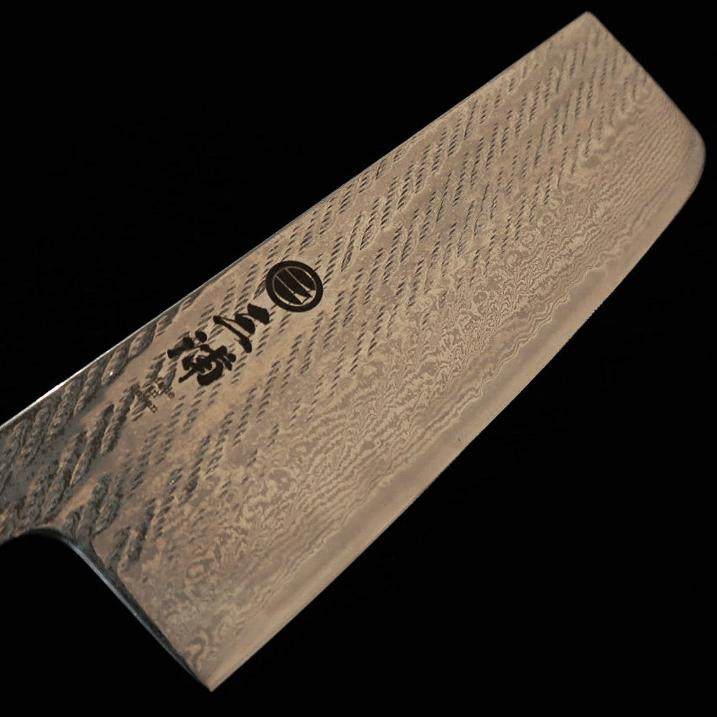 三浦MIURA 菜切 銀紙三号 縄目 ダマスカス 透明 樫八角柄（165mm）