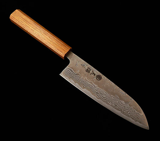 Santoku MIURA acero sueco, acabado nashiji, mango octagonal de roble (165mm)