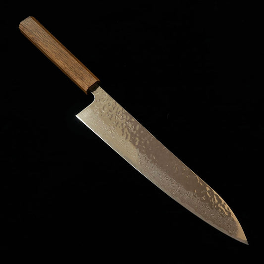 Couteau de chef (Gyuto) HADO Ohryu - Acier AUS-10, Finition martelée et polissage miroir Damas - Manche en chêne brûlé (240 mm)
