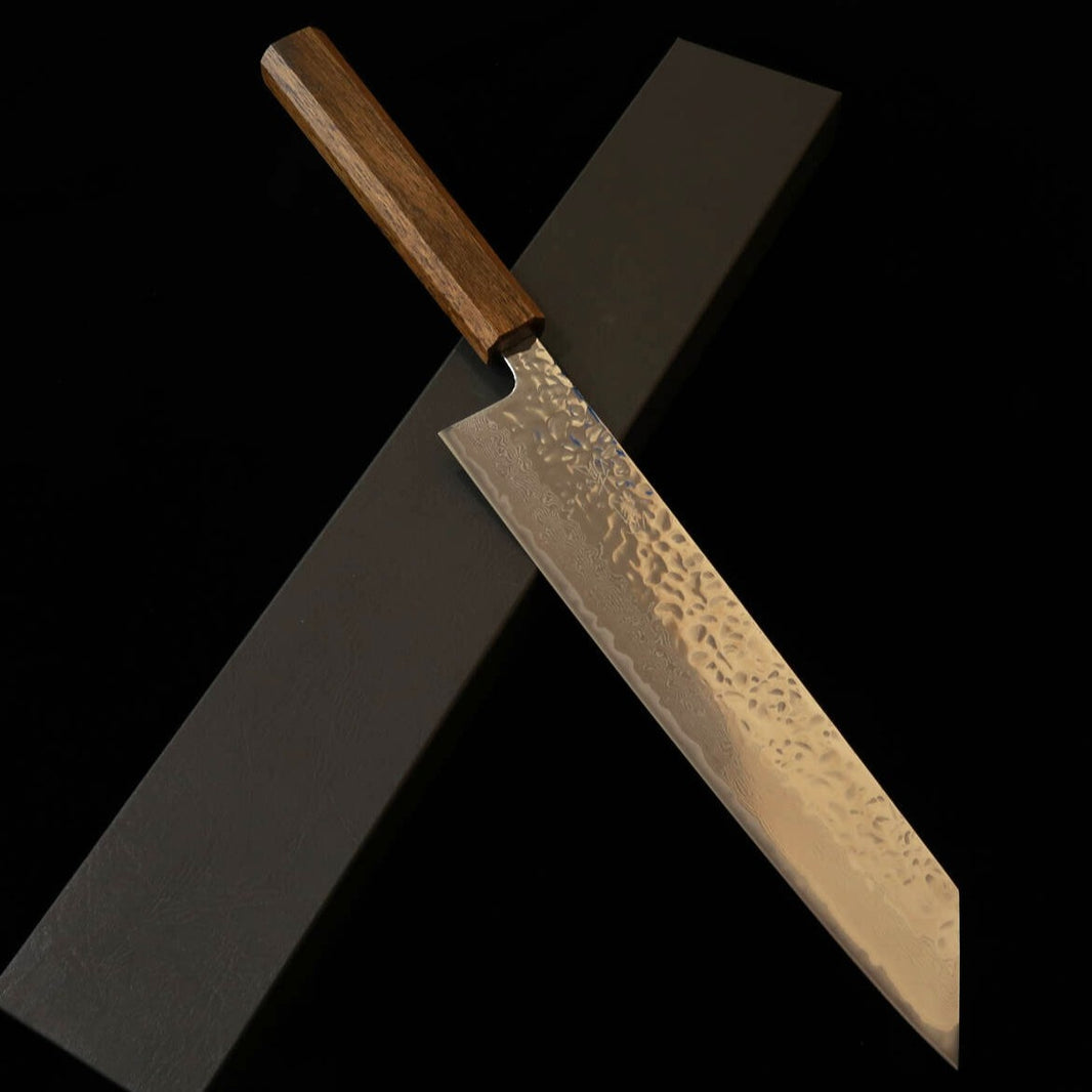 翁流 AUS-10 鎚目 鏡面 ダマスカス 黒樫柄 切付牛刀 (240mm)
