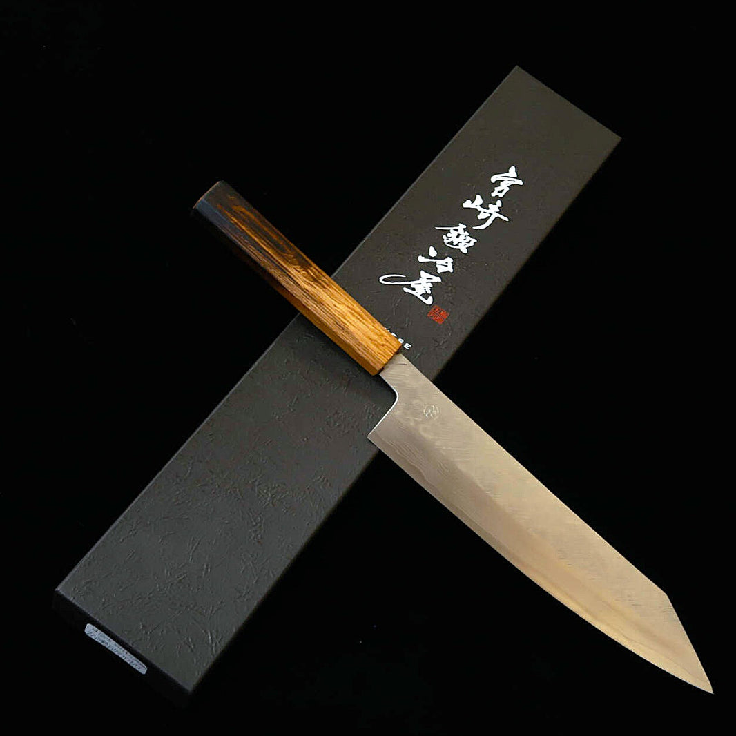 Miyazaki Kajiya MIYAZAKI KAJIYA ZA18 martelado Damasco Sub-zero – Tsubaki – kiritsuke gyuto – cabo em carvalho com laca queimada (240 mm)