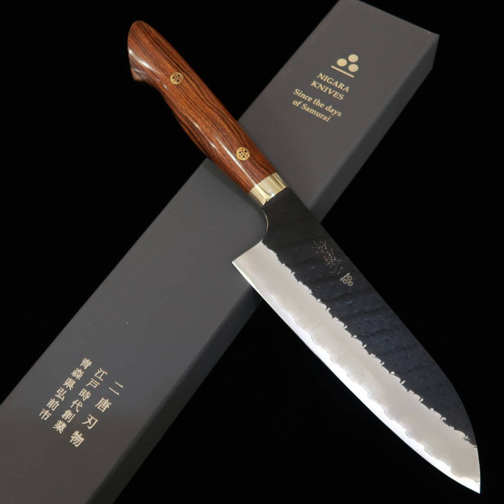二唐刃物鍛錬所NIGARA  三徳 SG2 黒打 槌目 アイアンウッドハンドル（180mm）