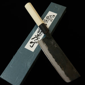 Miura MIURA Nakiri forjado Shirogami #2, acabado negro, mango de cuerno de búfalo rayado (170 mm)