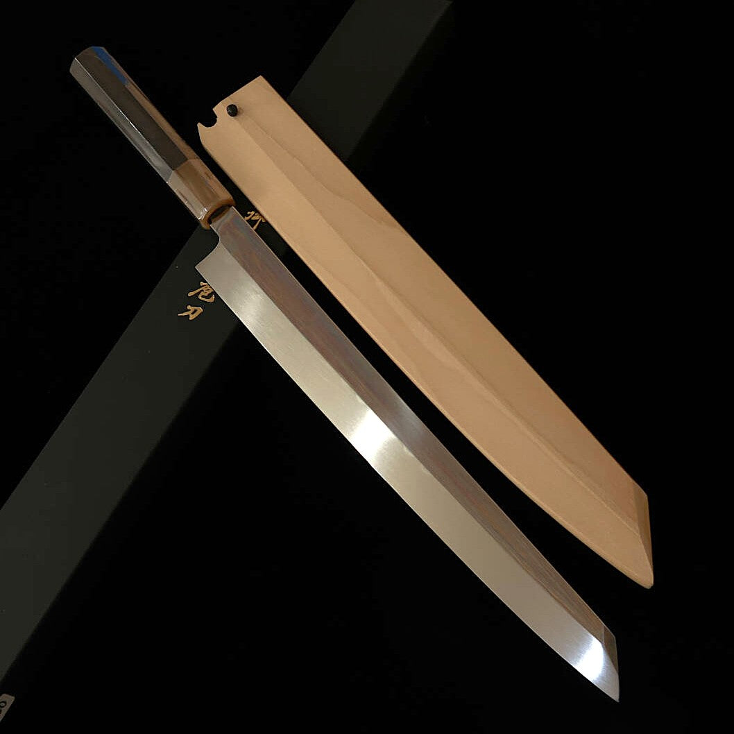 Kengata Yanagiba SUISIN, obra de Ikeda Yoshikazu, Shirogami nº 2, forjado integral, mango octogonal de ébano, funda de magnolia (300 mm)