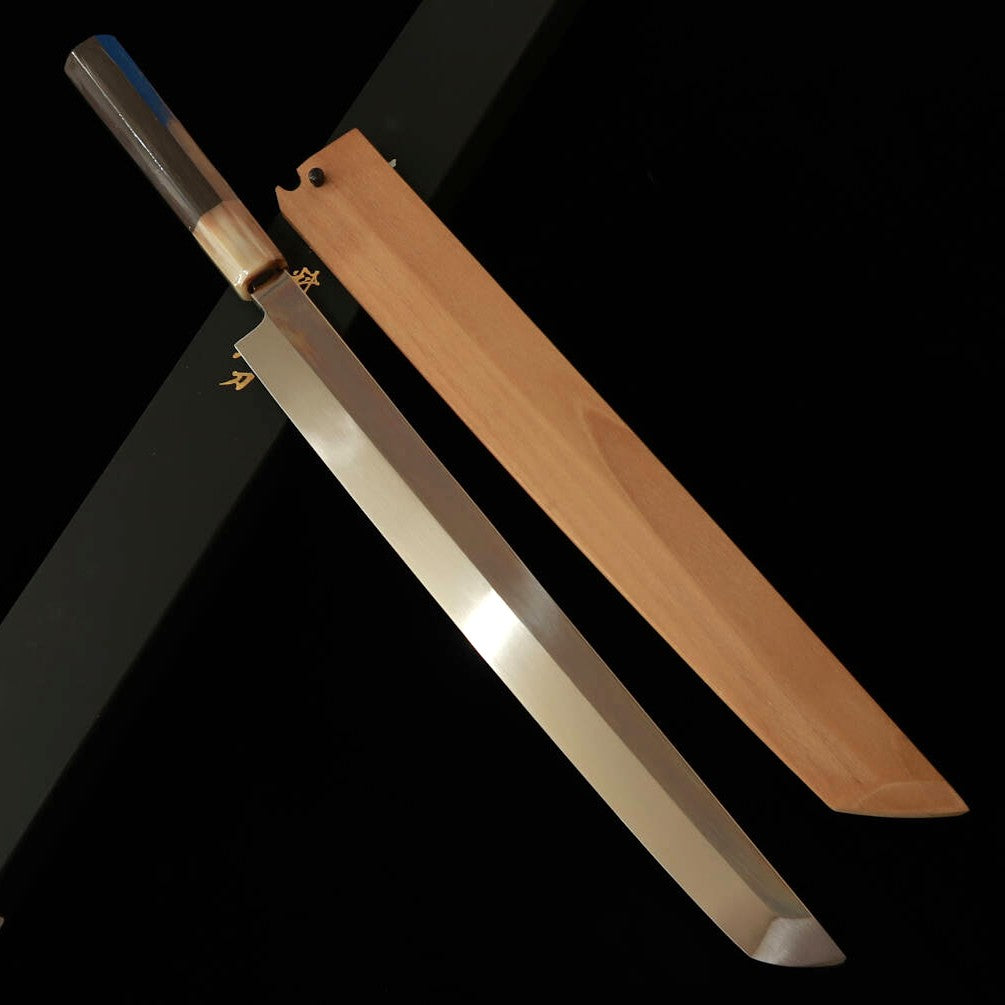 Sakimaru takobiki SUISIN, obra de Ikeda Yoshikazu, Shirogami no.3, forjado integral, mango octogonal de ébano, funda de magnolia (300 mm)