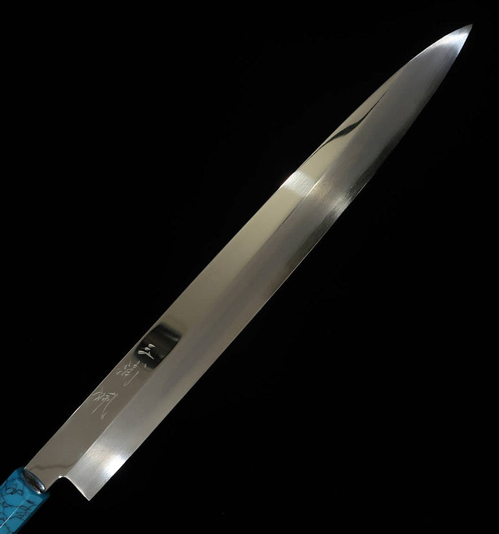 MIURA Obidama Yanagiba VG10 acabado espejo, mango turquesa (270/300 mm)