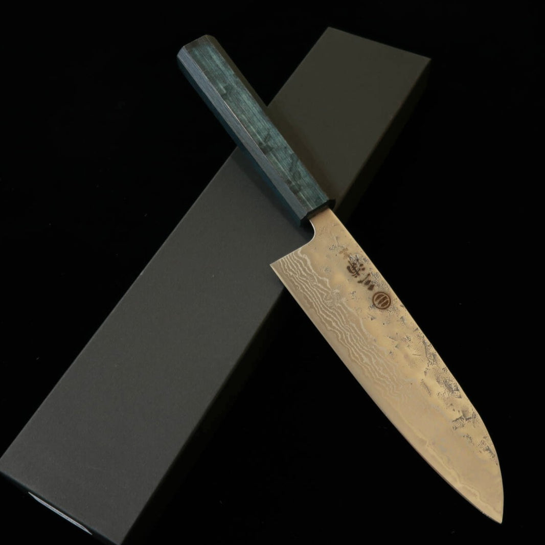 MIURA Miura Santoku, acero sueco, acabado nashiji, damasco, mango octogonal índigo (165 mm)