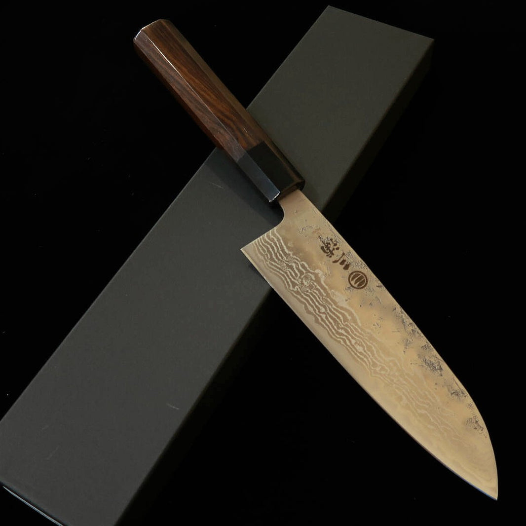 MIURA Santoku acero sueco, acabado Nashiji, Damasco, mango octogonal de ébano (165 mm)