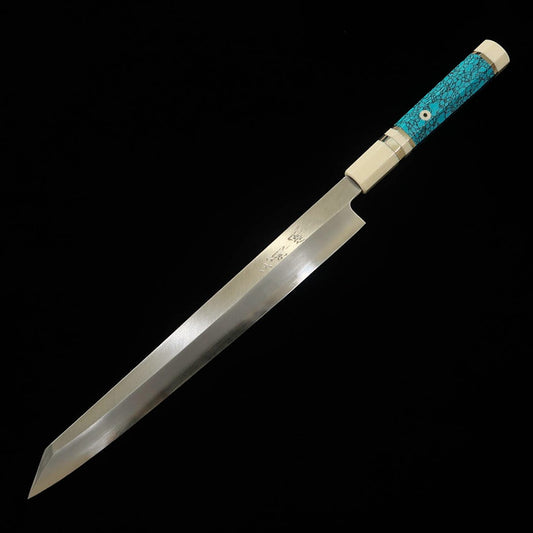Miura Obidama Kiritsuke Yanagiba Knife, Left-Handed, Ginsan, Kito Finish, Turquoise Handle (300mm)