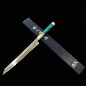 三浦佩MIURA Obidama 切付柳刃 左利き用 銀紙三号 木砥仕上げ ターコイズハンドル （300ｍｍ）