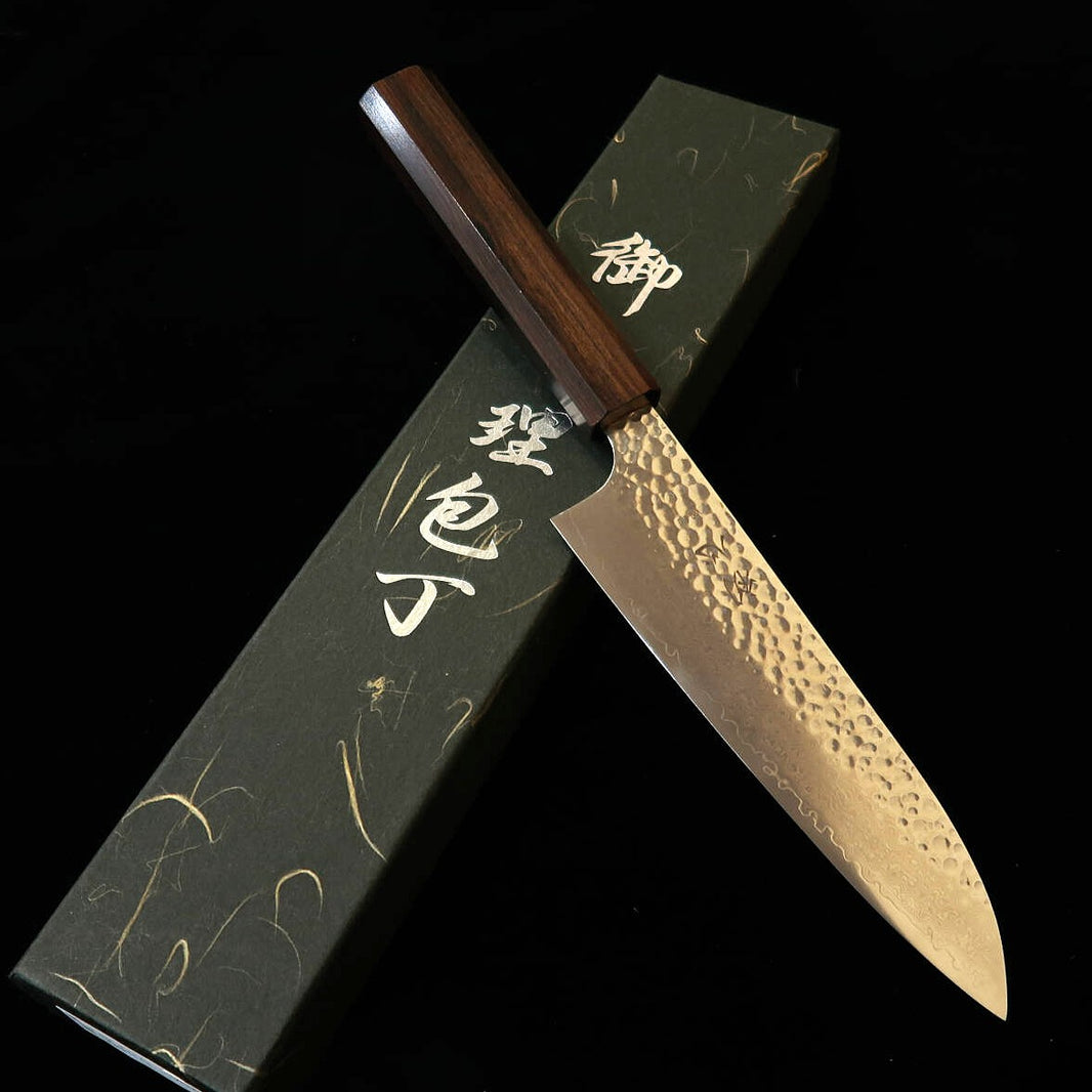 Hatsukokoro Taka Santoku VG10 Hammered Damascus with Integrated Ebony Handle (170mm)