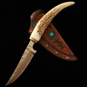 Prometheus Thor Ymir HS stole with antler handle and leather sheath (82mm)