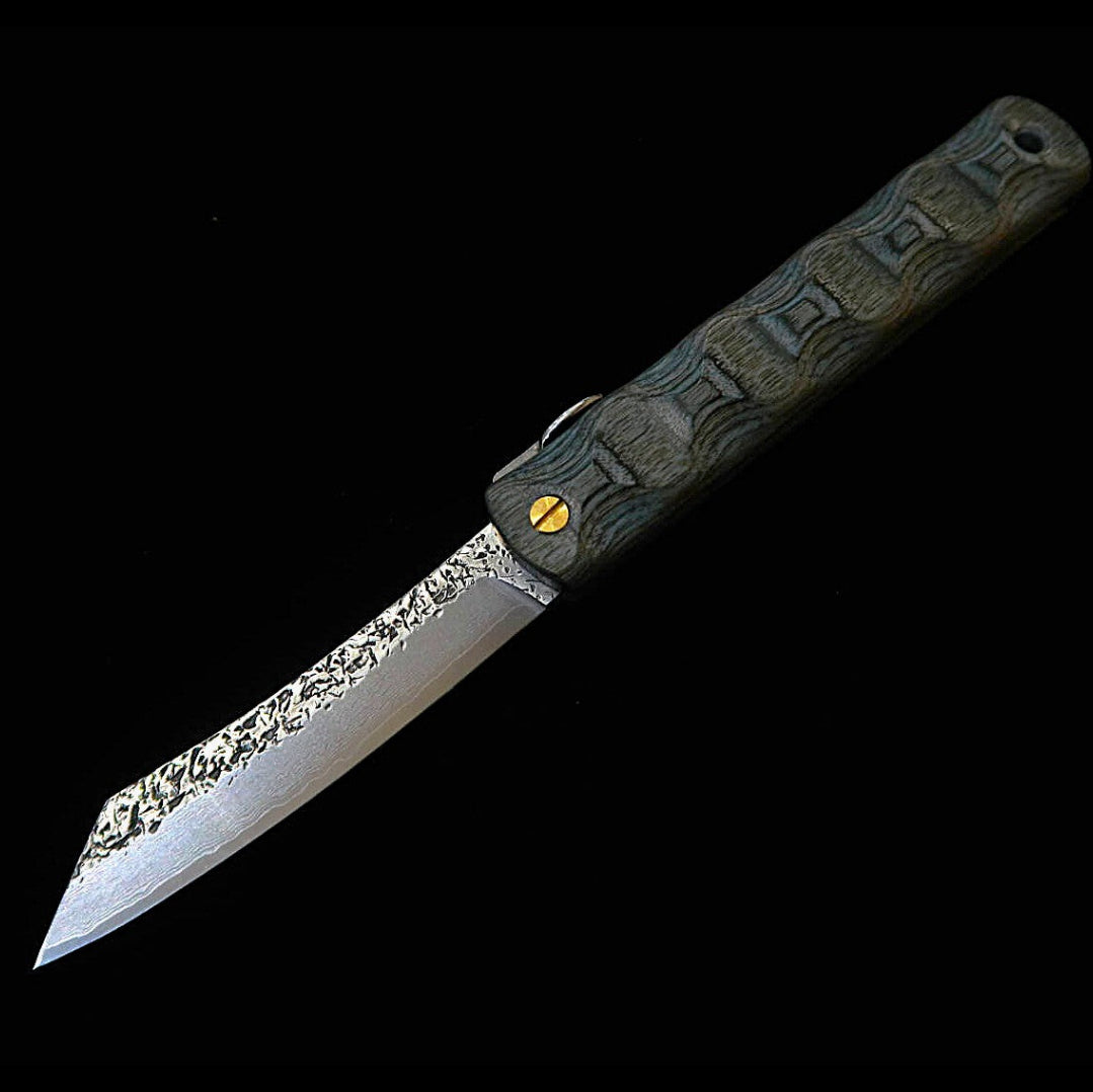 Higonokami (HIGONOKAMI) [HALL HAUS Collaboration] VG10 Hammered Finish 16-Layer Damascus Steel Reinforced Plywood Handle (70mm)