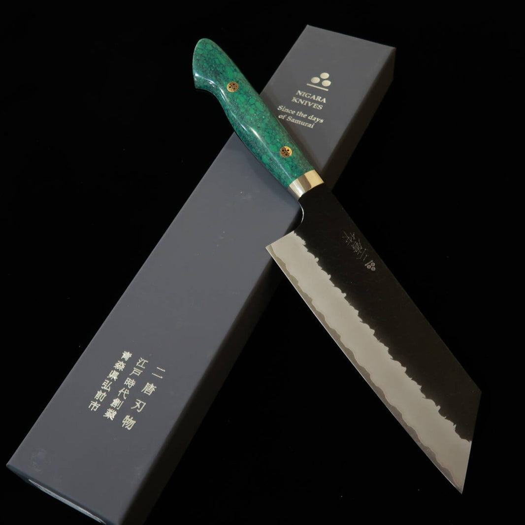 Couteau Kiritsuke Nakiri NIGARA, Acier SG2 Kurouchi Tsuchime, Manche en Turquoise (180 mm)