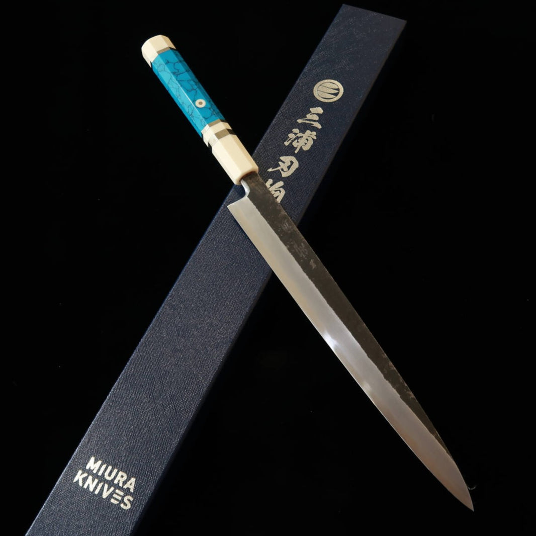 三浦頂MIURA Itadaki 田中義一 柳刃 白紙二号 黒打ち ホワイトターコイズハンドル（270mm）