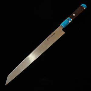 MIURA Itadaki por Tanaka Giichi, kiritsuke yanagiba Shiro-gami #2 acabado negro, mango con turquesa negra (300 mm)