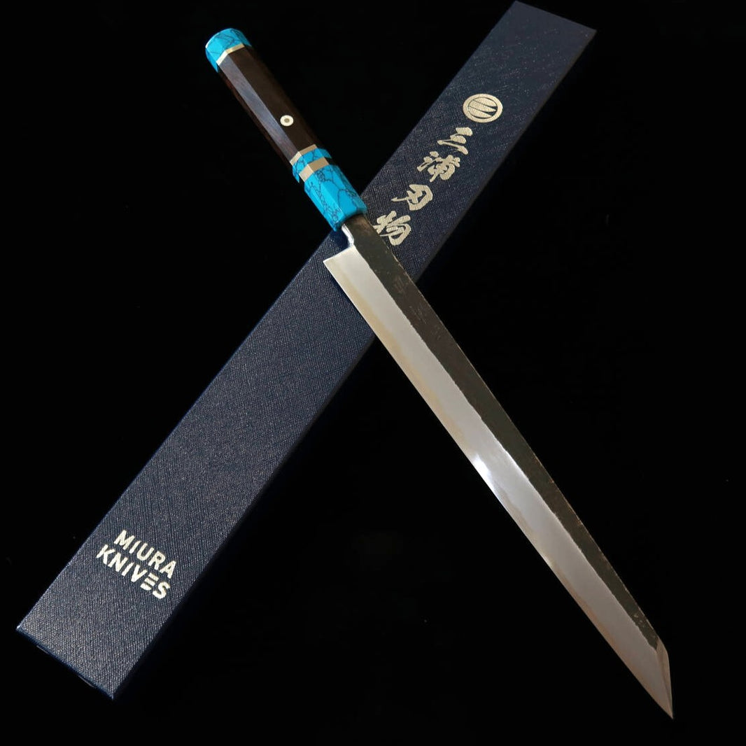 三浦頂MIURA Itadaki 田中義一 切付柳刃 白紙二号 黒打ち ブラックターコイズハンドル（300mm）