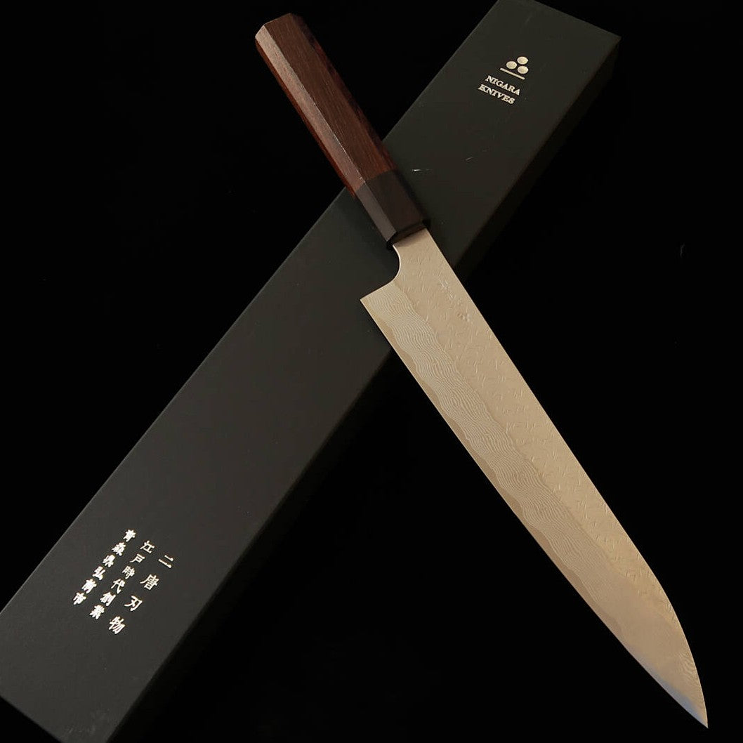  Sujihiki NIGARA SPG STRIX damasco martelado com cabo de jacarandá (240mm)