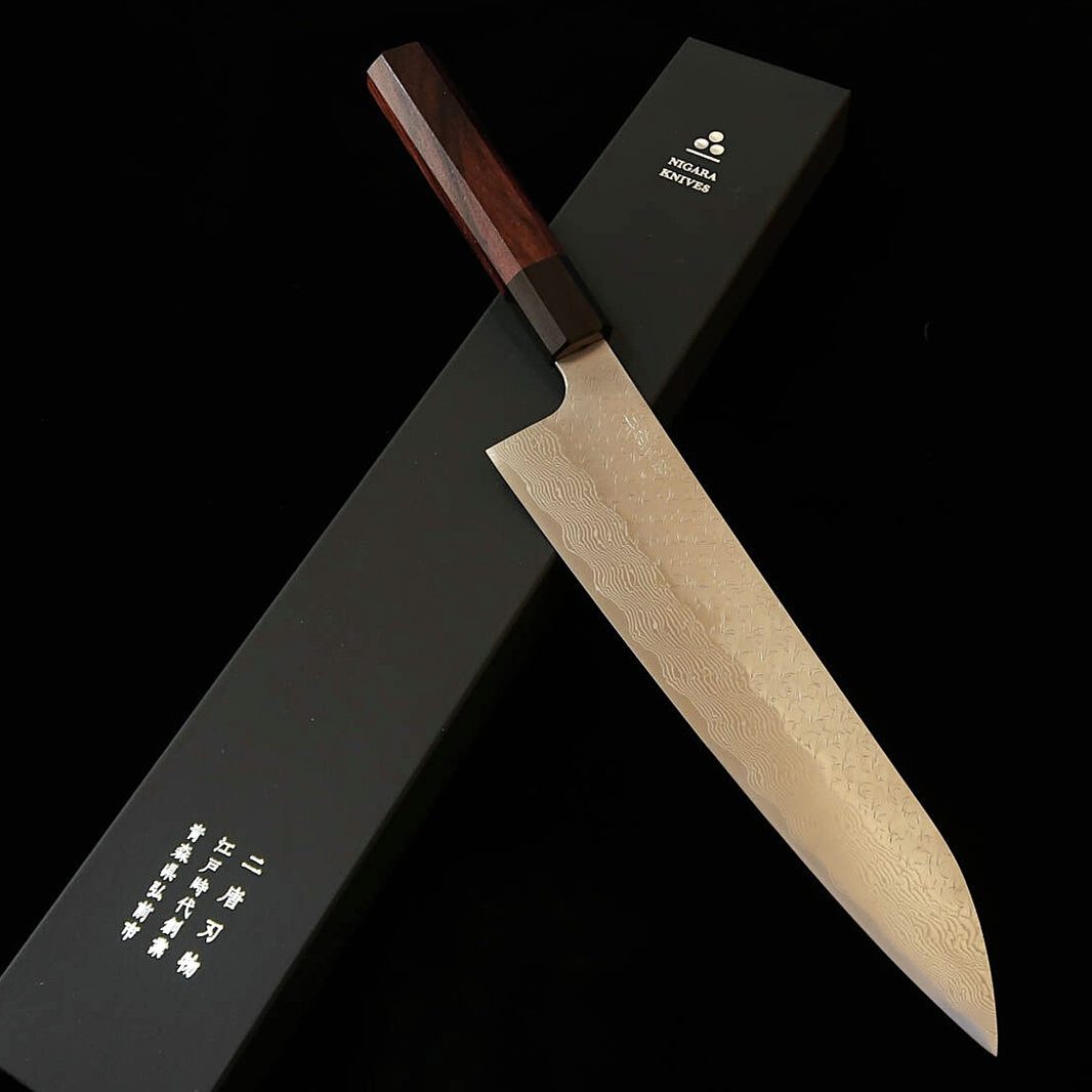 NITOU NIGARA Gyuto SG STRIX martelado Damasco cabo de pau-roxo (210/240 mm)
