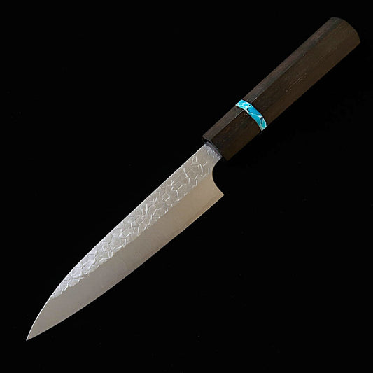 Couteau Petty (Office) MIURA – Acier SG2 – Finition Tsuchime (martelée) – Manche octogonal en ébène et turquoise (90/135 mm)