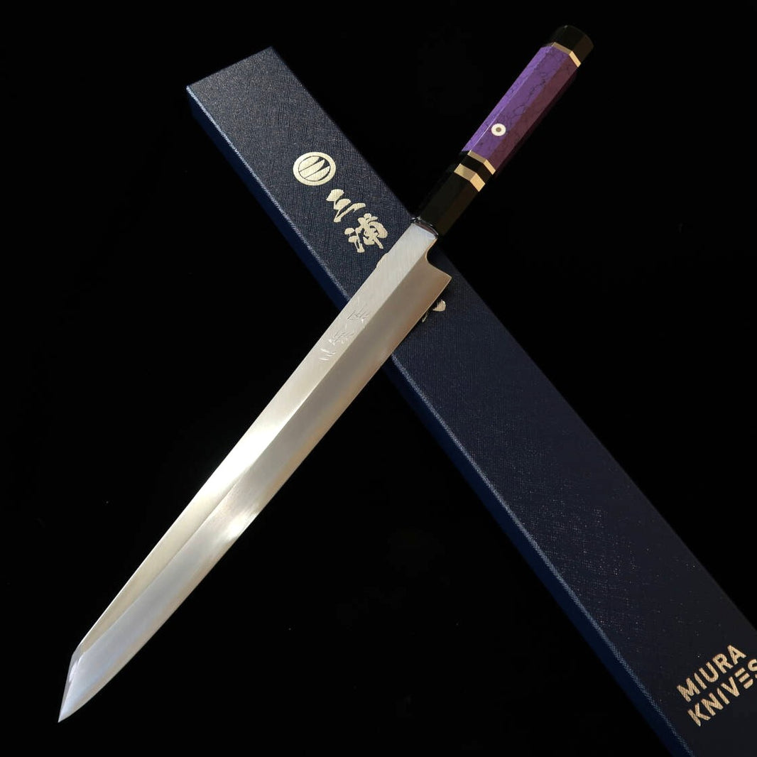 三浦佩MIURAObidama 切付柳刃 左利き用 銀紙三号 木砥仕上げ カスタムハンドル - パープル（300mm）