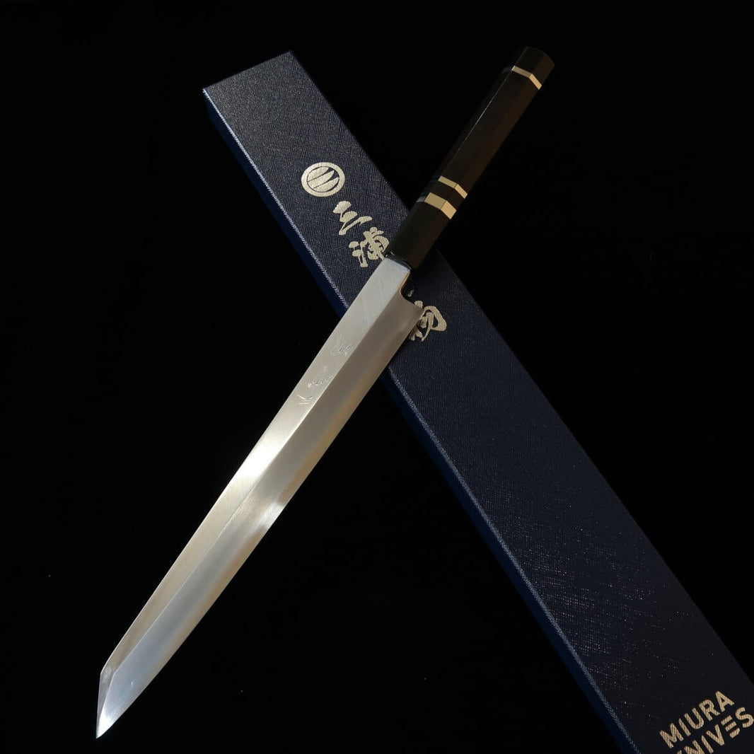 三浦佩MIURAObidama 切付柳刃 左利き用 銀紙三号 木砥仕上げ 黒檀銀巻柄（270mm）