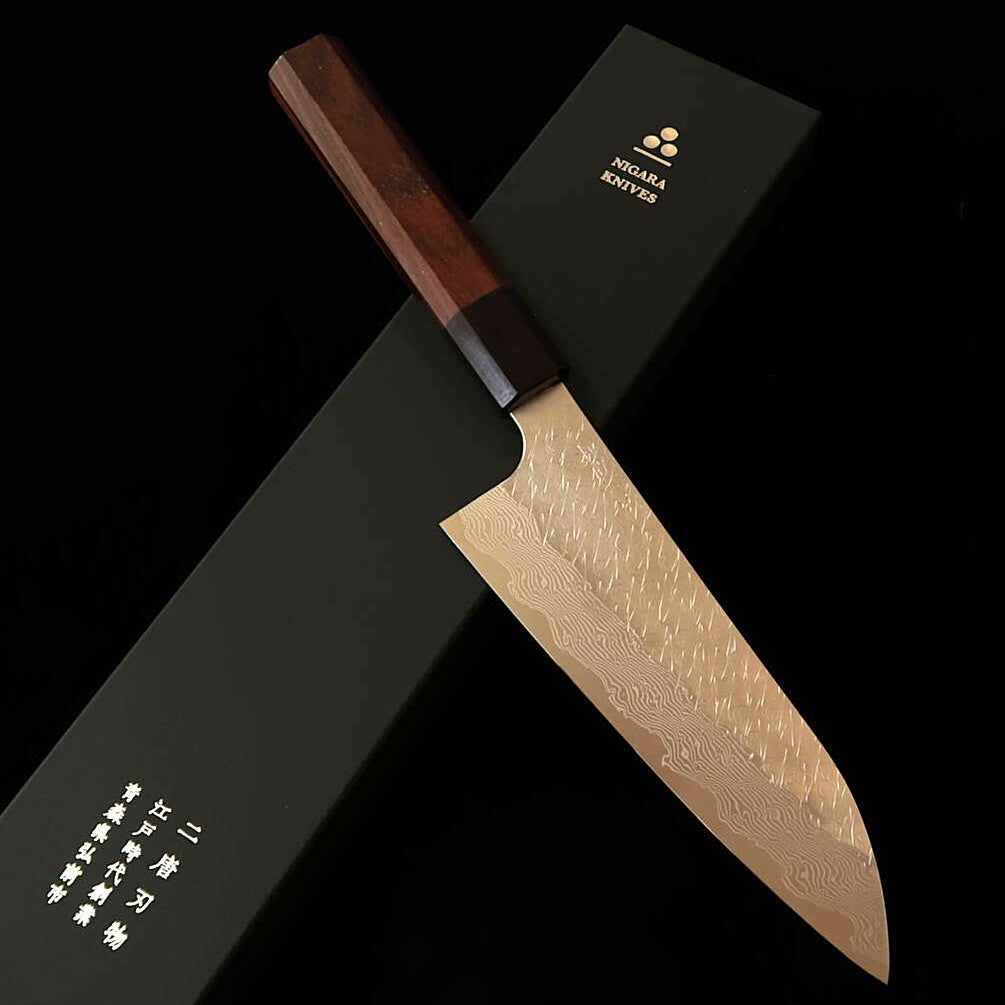 NIGARA Forging Works santoku SG STRIX, Damasco martelado, cabo em pau-rosa (165 mm)