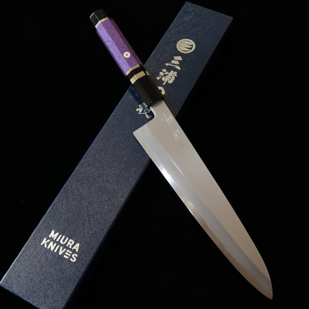三浦佩MIURAObidama 片刃牛刀 白紙二号 ボカシ カスタムハンドル - パープル（210/240mm）