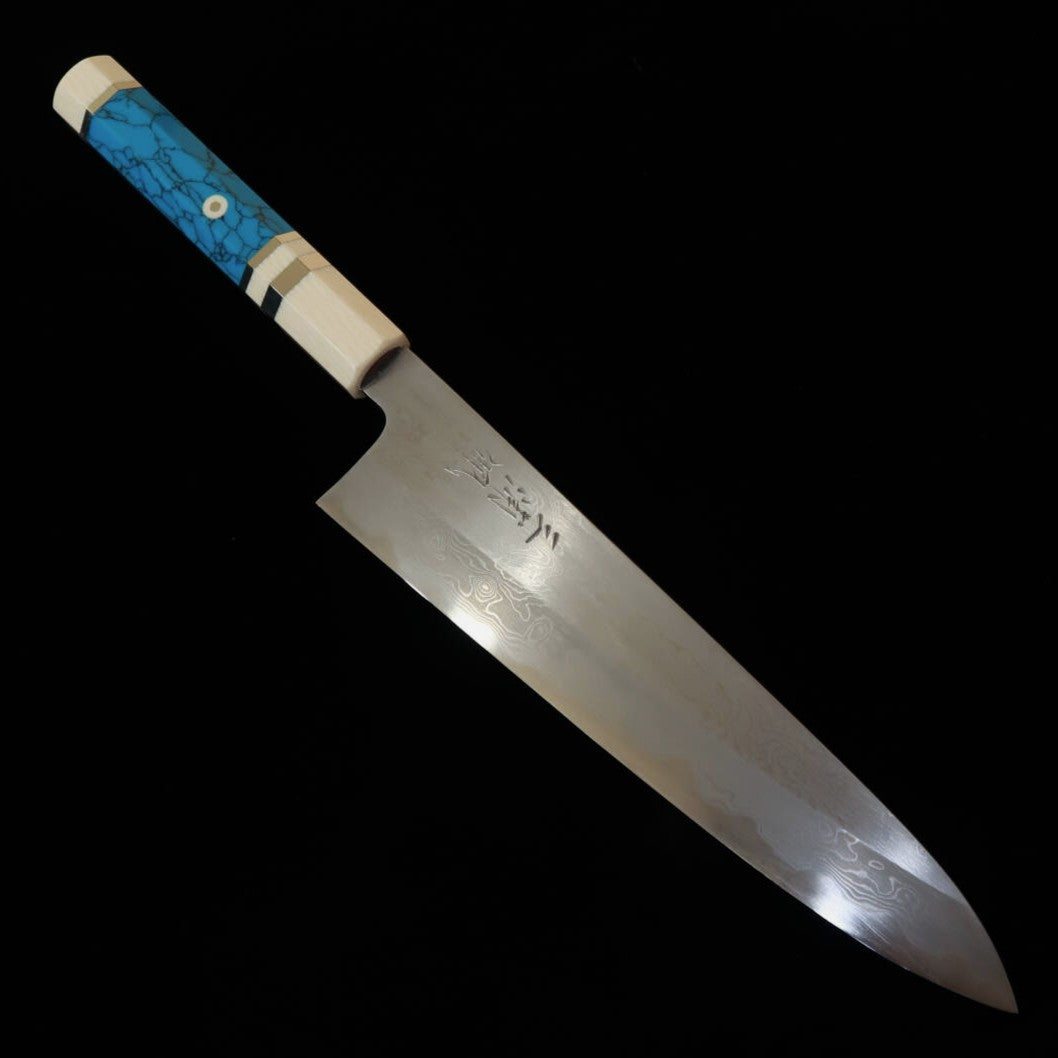 三浦佩MIURAObidama 牛刀 青紙一号 ダマスカス ホワイトターコイズハンドル（210/240mm）