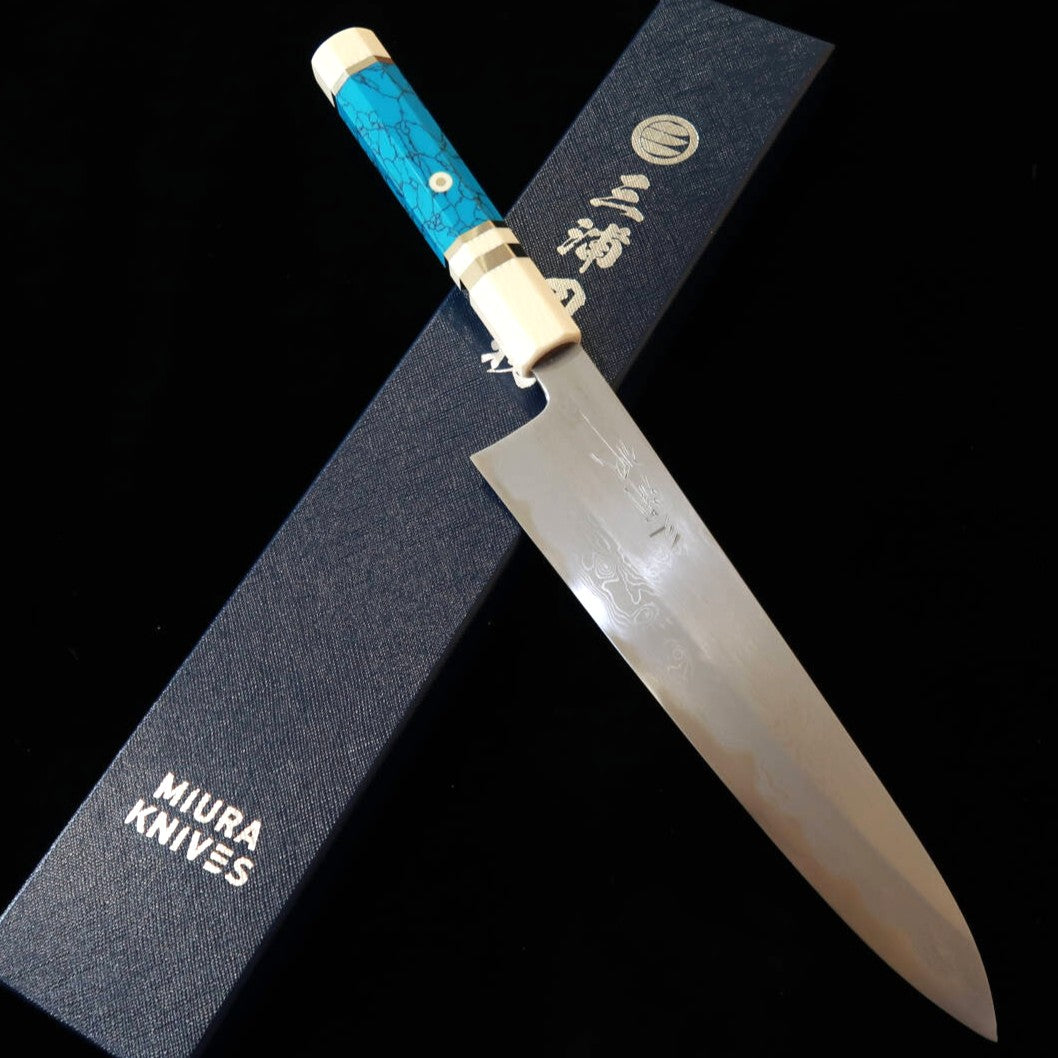 三浦佩MIURAObidama 牛刀 青紙一号 ダマスカス ホワイトターコイズハンドル（210/240mm）