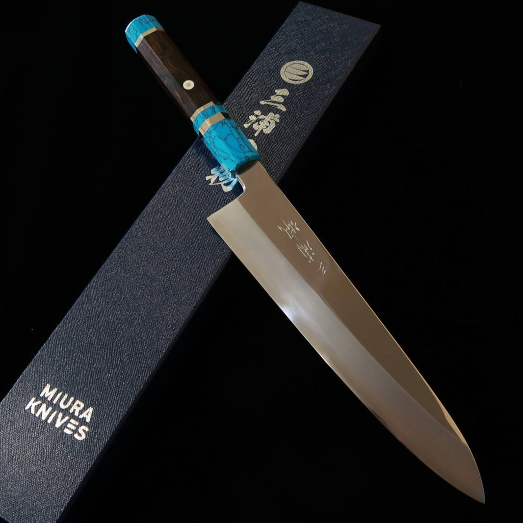 三浦佩MIURAObidama 片刃牛刀 銀紙三号 鏡面仕上げ ターコイズハンドル （240mm）