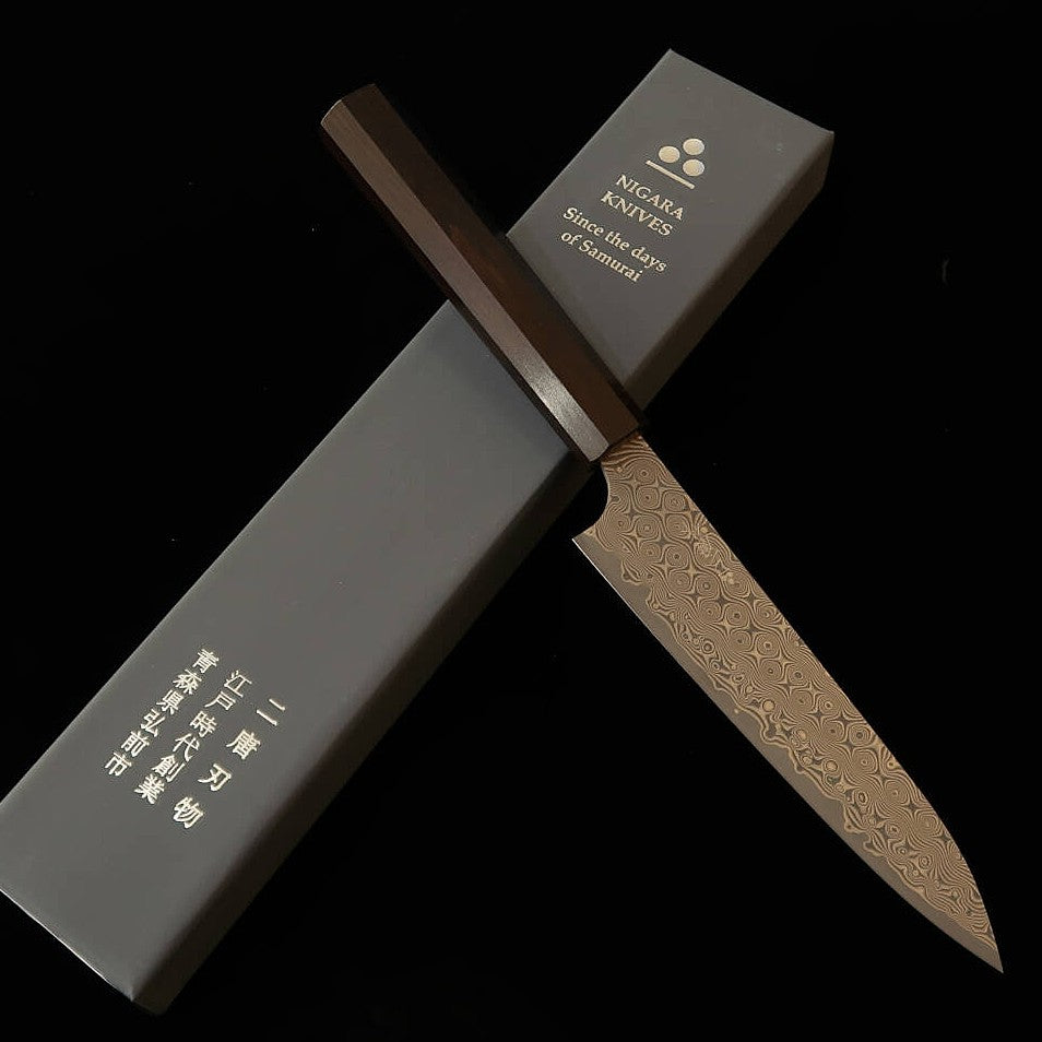 二唐刃物鍛造所 NIGARA 暗紋 ペティ SG2 黒檀一体型八角柄（150mm）