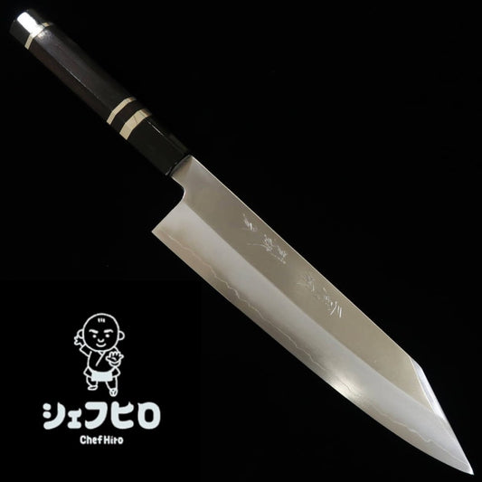 Chef Hiro × Miura – Miura Kai, édition spéciale « Hiro », Gyuto kiritsuke large, acier Silver #3, finition brume, manche octogonal en ébène, collet corne de buffle noire cerclé d’argent, 8 sun (240 mm)