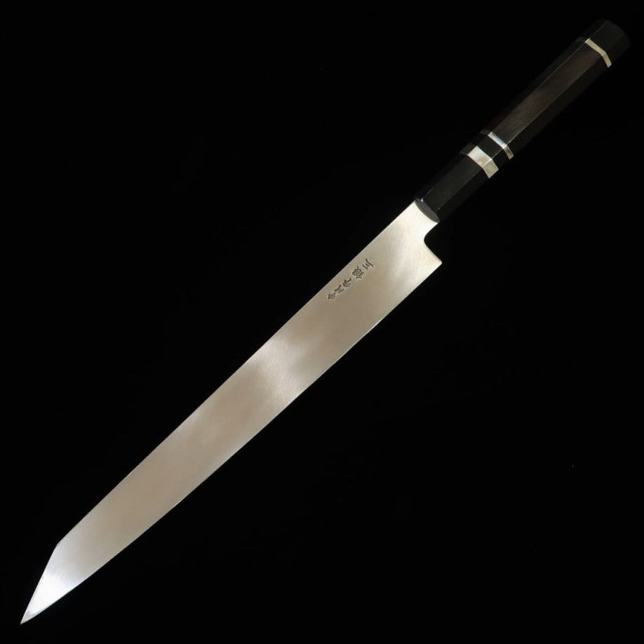【Chef Hiro × Miura】Miura Kai sur commande "Hiro" Gin-3 Kasumi, bague buffle noir et argent, manche octogonal en ébène, yanagiba kiritsuke 9 sun (270mm)
