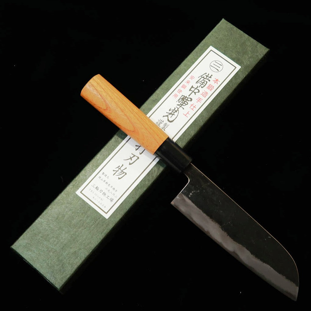Miwahamono MIWAHAMONO Mini Santoku Aço Azul #1 Cabo de olmo (keyaki) (135 mm)