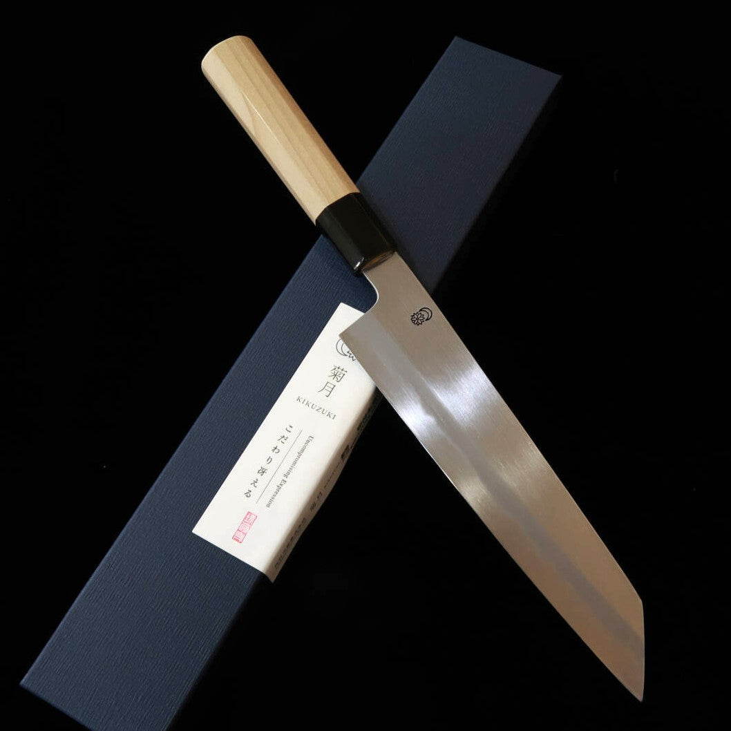 Sakai Kikumori SAKAIKIKUMORI Kikuzuki Kasumi Kiritsuke Gyuto Shirogami #2, cabo octogonal de magnólia (210/240mm)