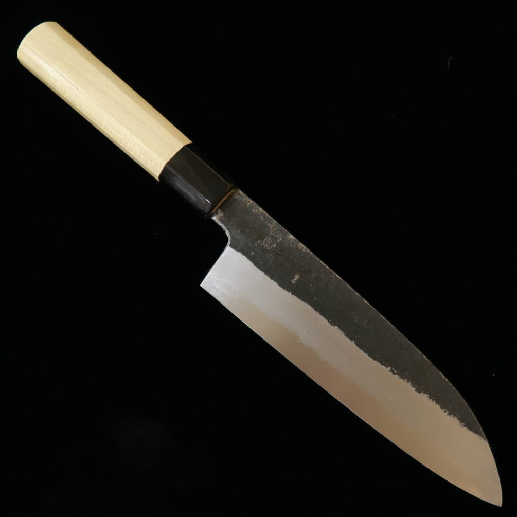 SAKAIKIKUMORI Kikugetsu Preto Santoku aço branco #2 cabo de magnólia octogonal (180 mm)