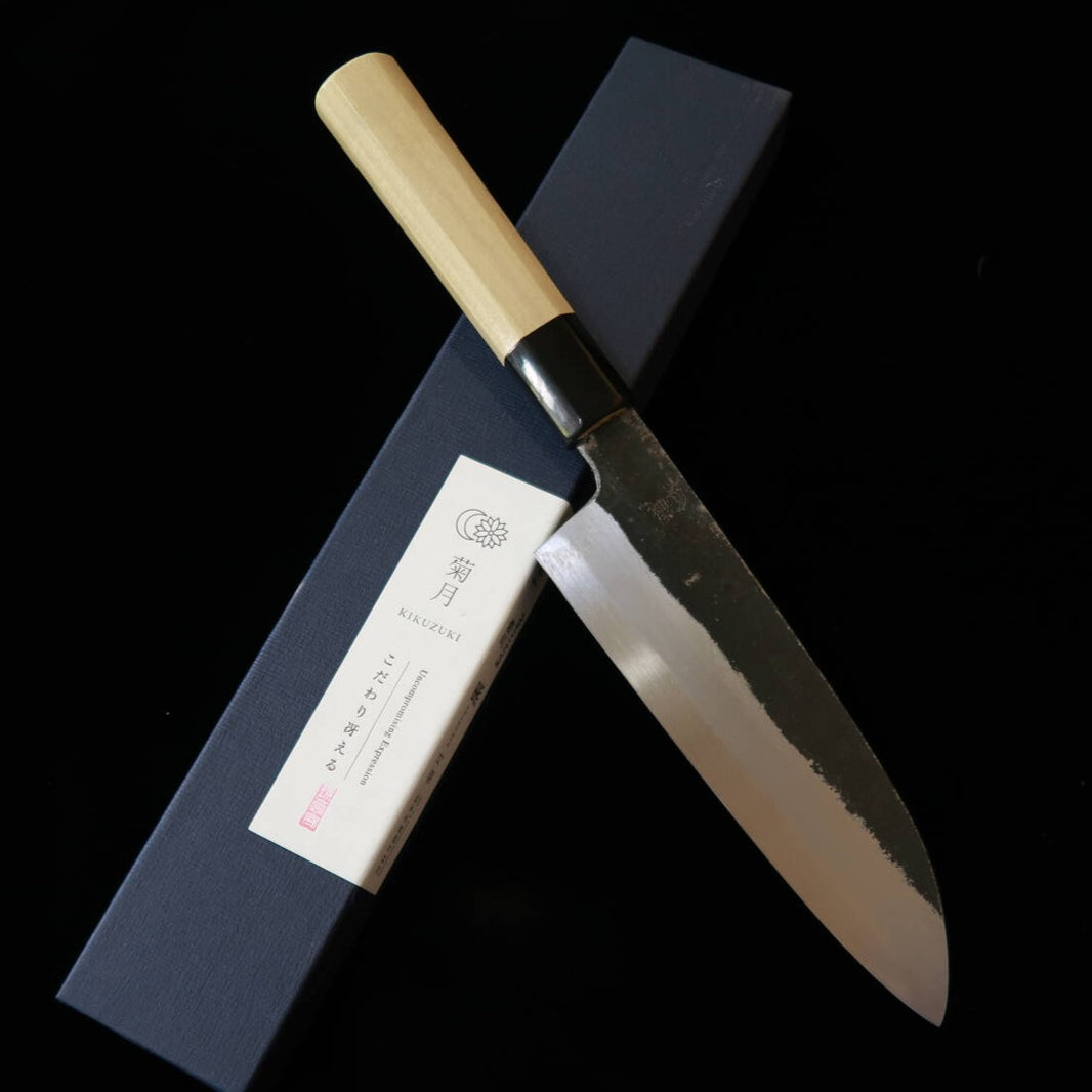 SAKAIKIKUMORI Kikugetsu Preto Santoku aço branco #2 cabo de magnólia octogonal (180 mm)