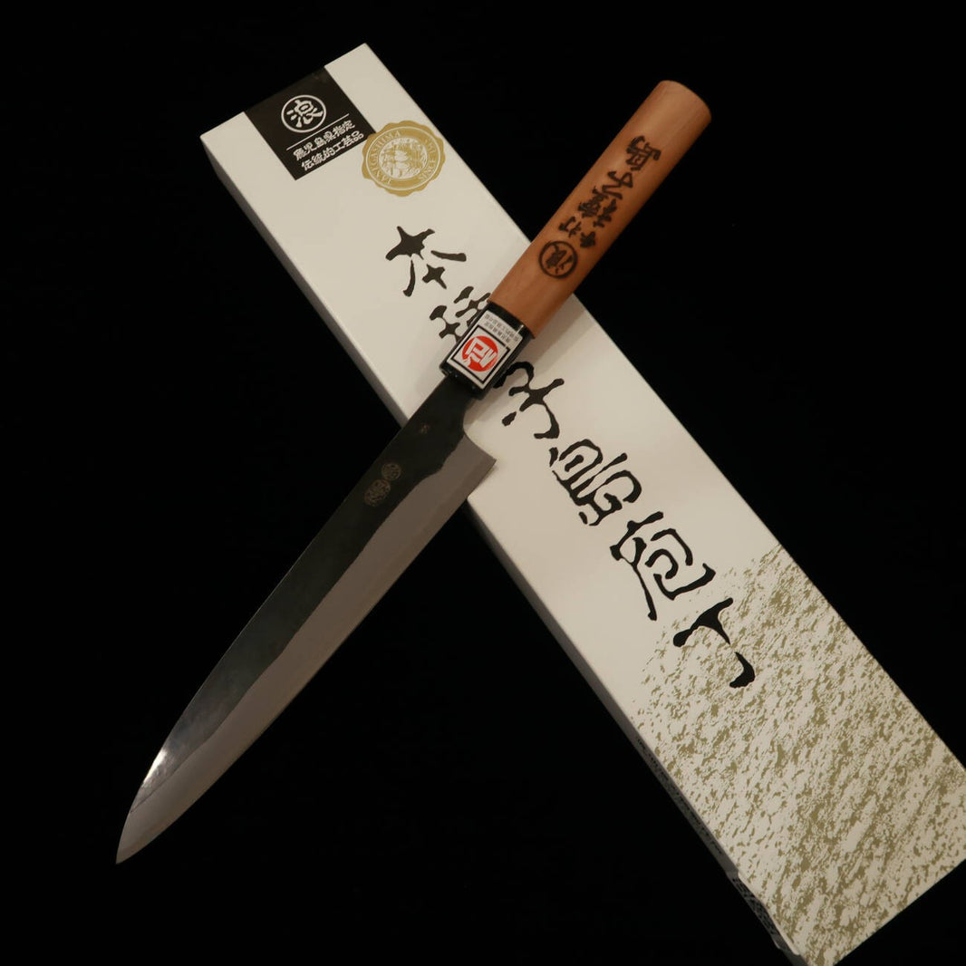 IKENAMI HAMONO cuchillo sashimi de doble bisel, acero Shirogami #1 con recubrimiento inoxidable, mango de sakura (210 mm)
