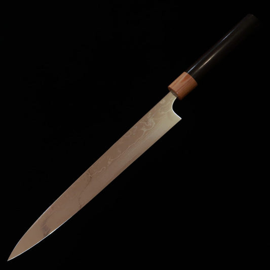 Yuta Katayama VG10 damasco pulido cuchillo sujihiki mango de palisandro tipo castaña (240/270 mm)
