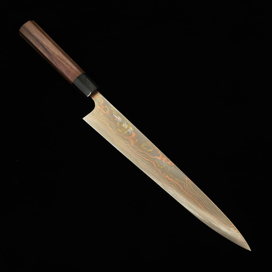 Saji Takeshi SAJI TAKESHI Aogami #2 Damasco coloreado Sujihiki, mango octogonal de palisandro (240/270 mm)