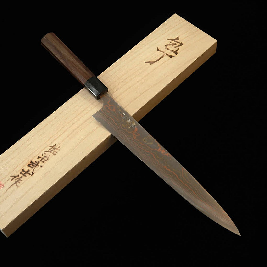 佐治武士SAJI TAKESHI 青紙二号 有色ダマスカス 筋引 紫檀八角柄 (240/270mm)